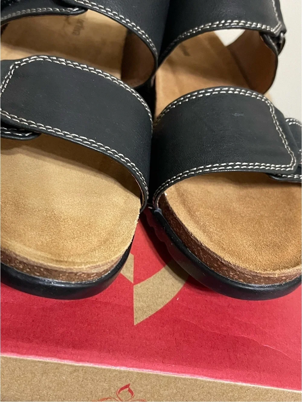 Comfortiva Black Leather Adjustable Strap Sandals with Cushioned Footbed